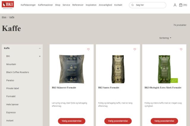 venstre side menu på webshop